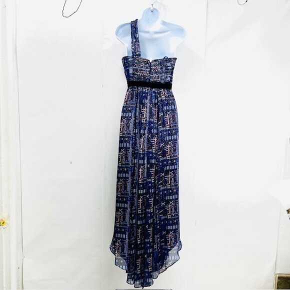 BCBGMAXAZRIA Women Long  Cocktail Party Evening Dress  Blue Silver Floral( #1 - Picture 3 of 13